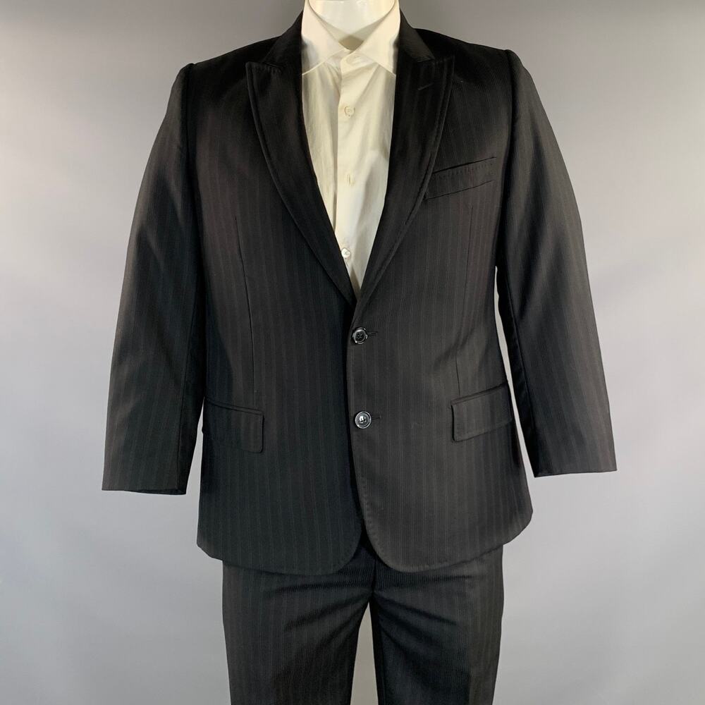 DOLCE & GABBANA Chest Size 42 Black Navy Stripe Wool Peak Lapel 36 27 Suit